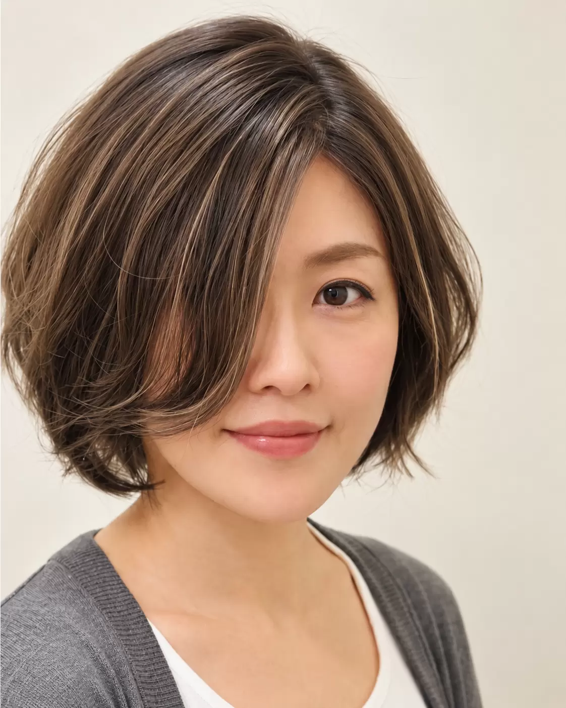 明るい髪の筋感と暗い部分のコントラストを活かしたヘアスタイル